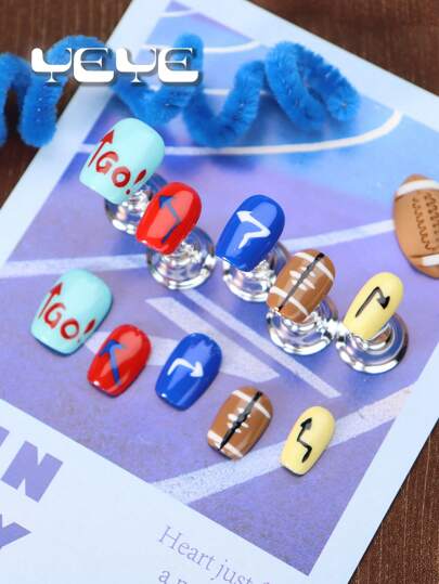 Express Your Love With 10pcs Square Shape Short Modernist Sport Rugby Letter Leisure Full Cover Press On Nails Handmade Set Funny Candy Color America Arrow Contrast Color Novelty Y2K Full Coverage Acrylic Summer Nails Press On Kit Neutral For Women And Girls Classic Hand Made Nails With 1pc Mini Nail File & 1 Sheet Adhesive Tabs
