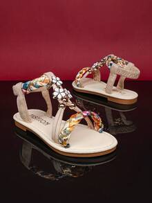1 双加大码女童时尚凉鞋，彩色编织面料，闪亮水钻扣，花卉装饰，弹性踝带，圆头，防滑，轻质鞋底，可爱的罗马风格沙滩凉鞋，适合 3-15 岁学生，日常、派对、旅行、夏季