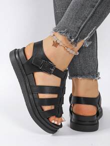 Women's Solid Color Platform Thick Bottom Sandals, Casual Buckle Summer Sandals, Comfortable Open Toe Sandals, Women's Flat Roman Sandals, Solid Color Open Toe Criss-Cross Strap Sandals, Women's Flat Sandals, New Thick Bottom Black Roman Style Sandals, Platform Versatile Fashion Sandals For Summer Casual Beach - Black - View 5