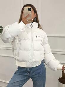 女士羽绒服，短款，漏斗领时尚外套，秋冬季，休闲拉链蓬松立领背心 - 长袖外套 - 秋冬季