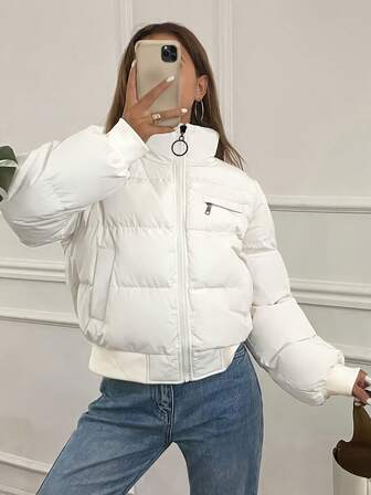 Women Padded Coat, Short Style, Funnel Collar Fashion Coat, Autumn/Winter Season, Casual Zip-Up Fluffy Stand Collar Vest - Long Sleeve Jacket - Autumn/Winter