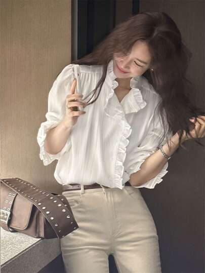Elegant Retro French Atmosphere Ruffle Trim Shirt, Women's Long Sleeve Blouse, White, Office Wear, Autumn/Winter