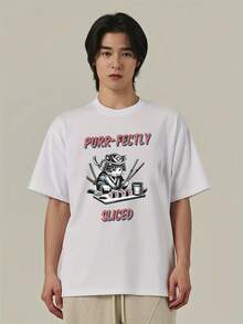 猫と寿司のデザインが可愛い白    Tシャツ メンズ ショートスリーブ - ホワイト - チェックする 1