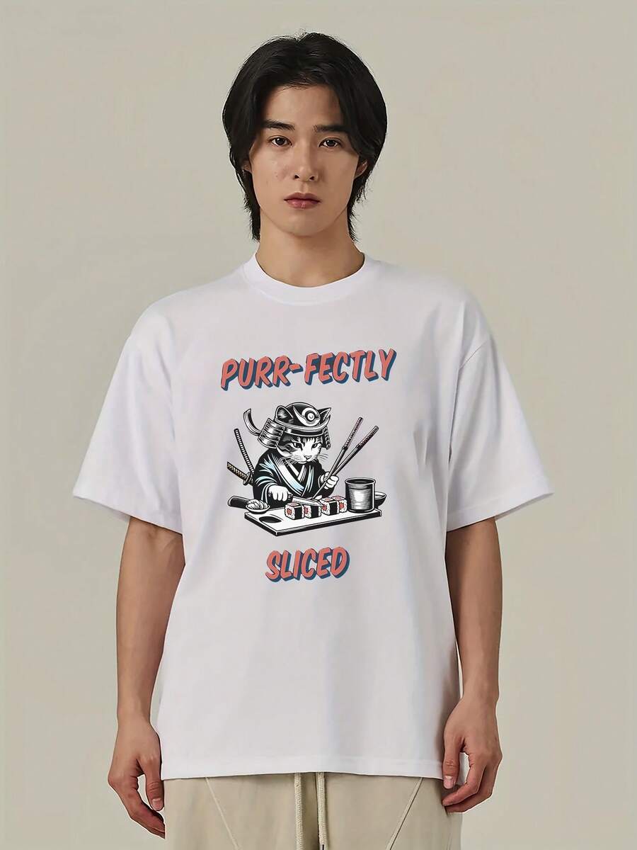 猫と寿司のデザインが可愛い白    Tシャツ メンズ ショートスリーブ - ホワイト - チェックする 1