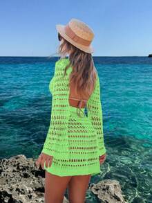 Damen Vanille Grün Hohlmuster Rückenfreies Langarm Häkel Strandkleid, Boho Strandstil, Frühling/Sommer - Lindgrün - Übersicht 9