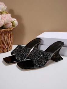 女士夏季宽楦露趾绑带闪亮水晶高跟时尚凉鞋，户外防滑厚底拖鞋，适合宽脚，大码女士凉鞋，宽楦高跟鞋，宽楦拖鞋，适合正式场合、派对、时尚穿搭 - 黑色 - 查看 3