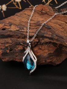 1 chiếc vòng cổ mặt hình giọt nước màu vàng 18K đính đá Cubic Zirconia màu xanh, thép không gỉ, phù hợp cho phụ nữ dự tiệc và đeo hàng ngày - Bạc - Xem 6