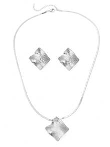 Aomogo 2pcs Asymmetrical Luxurious Creative Stainless Steel Geometric Leaf Textured Necklace & Earrings Set, Suitable For Daily Wear