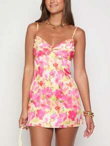 Women Boho Floral Mini Dress Spaghetti Strap V-Neck Ruched Front Bodycon Short Dress Summer Sleeveless Backless Slim Fit Going Out Cami Dress Beach Vacation Cocktail Party Sundress Streetwear - 彩色 - 查看 5