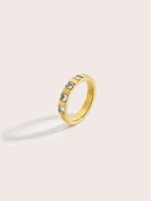 1pc 18K Gold Plated Stainless Steel Cubic Zirconia Ring, Women's Jewelry, Wedding Party Date Gift - Yellow Gold - View 5