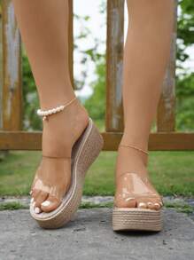 Teens' Summer Outdoor Casual Holiday Lightweight Comfy Mules, Transparent Open Toe Wedge Platform Slides