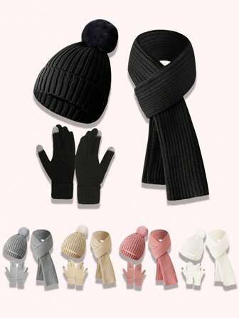 3pcs/Set Unisex Winter Warm Knit Beanie Hat, Scarf/Neck Warmer And Lined Touch Screen Gloves Set (With Pom Pom), Thermal Winter Gift