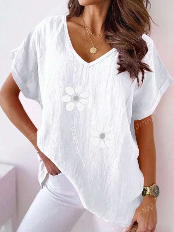 Plus Size Women's Clothing Printed V-Neck Comfortable Washed Wrinkled Linen Fabric Casual Short Sleeve T-Shirt