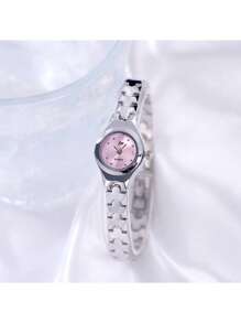jw 1 Pieza Reloj de mujer Premium de color rosa, dulce y delicado, con caja de aleación redonda, esfera de moda con escala de cristales, reloj de cuarzo elegante, fácil de llevar, adecuado para decoración diaria, regalo de vuelta al colegio para estudiantes