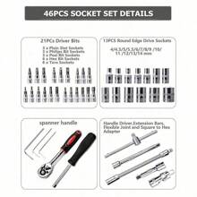 46pcs Wrench Tool Kit, Integrated Solution For Outdoor Emergency Car Repair, Suitable For Car, Bicycle And Motorcycle Repair, Also Includes A Multifunctional Combination Manual Tool Kit Wrench Set, No Battery Required, With 1/4" Drive Ratchet Wrench, Metric Sockets, Quick Release Mechanism - Professional Hand Tool Kit For Automotive Repair And DIY, No Assembly Required, Non-Power