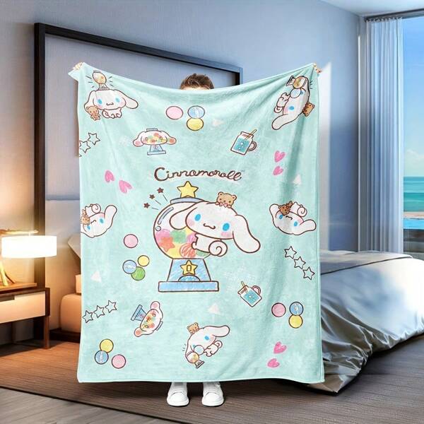 Sanrio 1 szt. flanelowy koc wełniany Sanrio Cinnamon Roll, nadruk cyfrowy z kreskówkowym wzorem, wygodny i ciepły na każdą porę roku, odpowiedni do samochodu, sofy, salonu, sypialni, biura – styl nowoczesny, dzianina poliestrowa