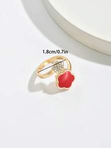 1 件优雅花卉设计开口戒指，带树脂、合金、水钻、可调节女士指环，适合日常佩戴