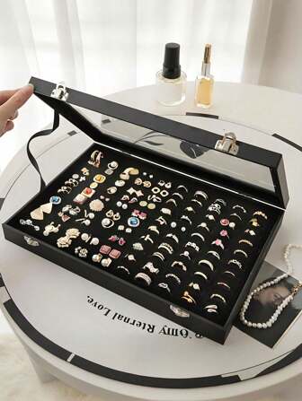 3pcs/1pc Jewelry Box Can Hold 100 Rings, Ring Display Case, Dust-Proof Transparent Cover Jewelry Storage Box, Earring Accessory Packaging Box, Jewelry Box With Transparent Glass Cover, Jewelry Display Dust-Proof Box, Ring Box, Wedding Day Ring Box, Wedding Ceremony Ring Box, Wedding Ring Holder, Ring Box