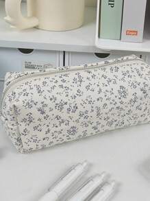 1Pc Floral Print Pencil Case, Back-To-School Stationery Organizer, Double-Sided Printed Pouch, Portable Multi-Functional Office & School Pencil Holder, Pencil Pouch, School Bag School Supplies, Back To School