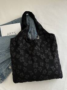 Floral Print Cute Tote Bag - Black - View 6