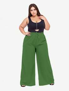Wide Leg Colorful Pants Plus Size High Waist Loose Light Fashion Everyday Office Elegant Work - 綠色 - 查看 1