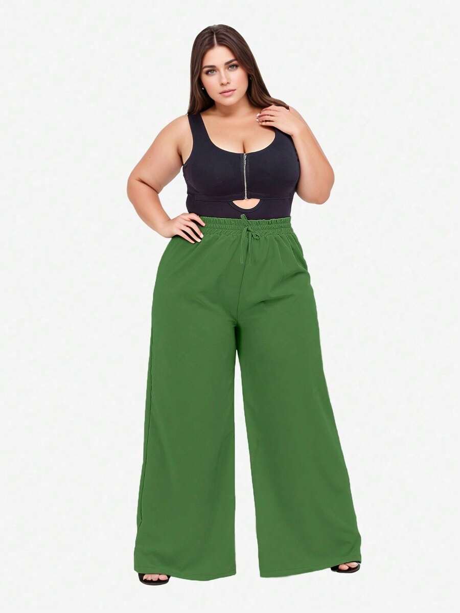 Wide Leg Colorful Pants Plus Size High Waist Loose Light Fashion Everyday Office Elegant Work - 綠色 - 查看 1