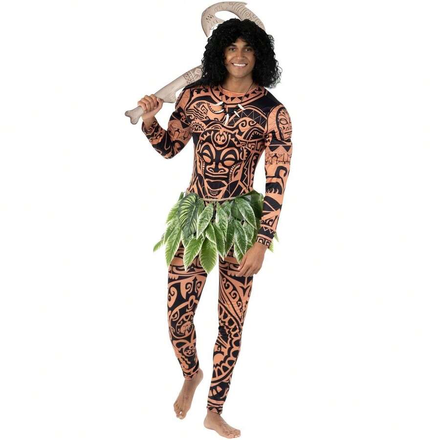 Maui Fancy Dress Adult Costume - Hawaiian Themed Padded Bodysuit & Leaf Skirt For Halloween, Cosplay, Festivals & Parties - Multicolor - View 1