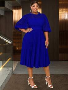 蕾丝褶皱连衣裙半灯笼袖镂空优雅中长款婚礼宾客、毕业典礼服装 - 藏藍 - 查看 6