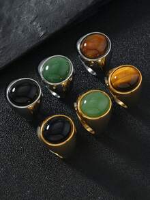 1pc Stainless Steel Oval Natural Stone Vintage Luxury Couple Ring Casting Accessory, Suitable For Daily Wear, Gift For Boyfriend/Girlfriend On New Year, Christmas, Valentine's Day, Anniversary - Gold - View 1