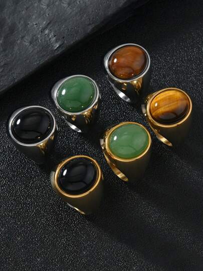 1pc Stainless Steel Oval Natural Stone Vintage Luxury Couple Ring Casting Accessory, Suitable For Daily Wear, Gift For Boyfriend/Girlfriend On New Year, Christmas, Valentine's Day, Anniversary