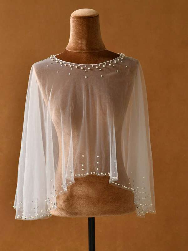 1pc Bridal Shawl Cape Shrug, Faux Pearl Decor, Minimalist & Cute, Suitable For Bridal Dress Accesory