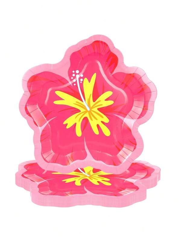 Juego de 10 piezas/20 piezas/50 piezas de platos de papel con flores de hibisco rojo a granel e hojas de palma artificial, flores de hibisco, platos de papel desechables con hojas tropicales, manteles individuales, suministros y decoración para fiesta hawaiana de verano