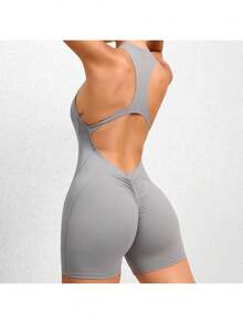 Women's Sleeveless Yoga Jumpsuit, Zipper Vest Exercise Clothing Set Women's Fashion Sports Coveralls - 灰色 - 查看 3