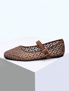 ADAMUMU Women's Fashion Square Toe Casual Party Office Buckle Strap Breathable Woven Hollow Mesh Comfortable Slip-On Flat Loafers, Mocha Brown