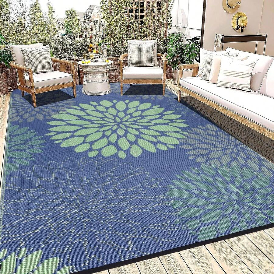 Reversible Outdoor Rug Multiple Sizes Waterproof Patio Rug Carpet Portable Outdoor Plastic Straw Rug Large RV Camping Mat Rug For Patio, Deck, Beach, Porch, Camping, Picnic, Teal - Navy Blue - View 1