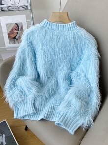 Suéter de manga larga con cuello alto, acento esponjoso, de moda, para primavera y otoño - Azul - Ver 4