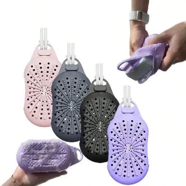 1 pieza Soporte para jabón multiusos de doble cara en forma de tira de silicona resistente, con textura de limpieza suave y profunda para exfoliar, bolsa de almacenamiento para jabón, contenedor de secado rápido para el baño, bolsa red de burbujas de jabón