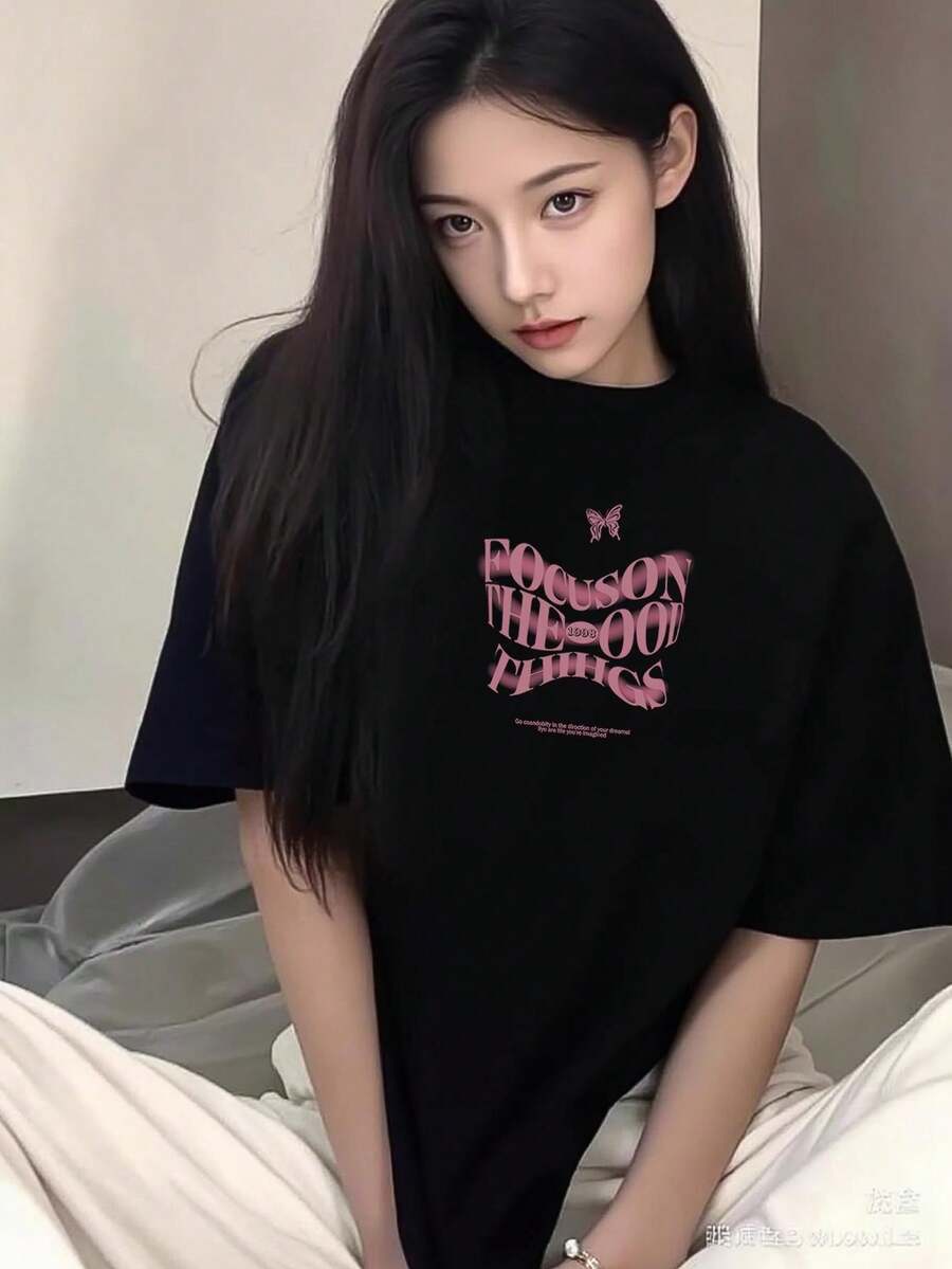 200g Pure Cotton T-Shirt 2025 Summer Ladies New Short Sleeve Pure Cotton Holiday Pattern Short Sleeve Round Neck Couple Wear Small Shirt Tops - 黑色 - 查看 1