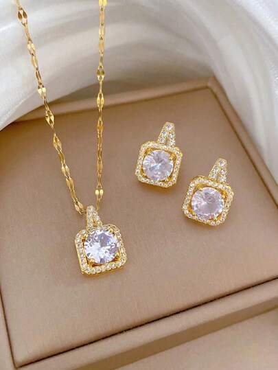 1 Set Copper Chain & Copper Micro-Inlay Necklace And Earrings Set. Luxury Geometric Square Fully Bling Personalized Banquet Earrings & Necklace Gift Jewelry