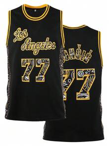 Atonmore 男子篮球球衣，黑色 77，刺绣缝制篮球背心，无袖运动衫 - 黑色 - 查看 1