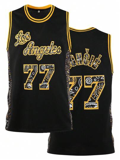Atonmore 男子篮球球衣，黑色 77，刺绣缝制篮球背心，无袖运动衫
