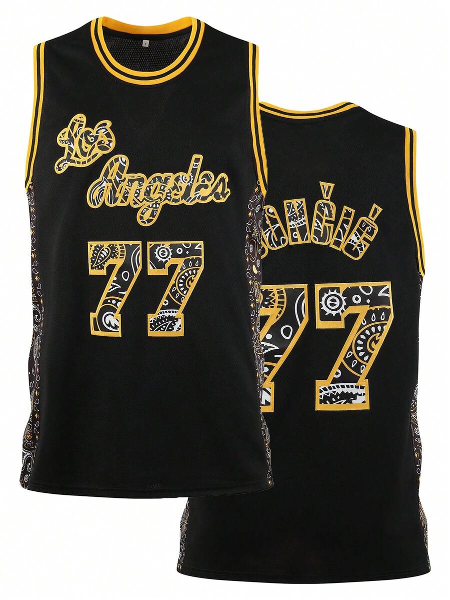 Atonmore 男子篮球球衣，黑色 77，刺绣缝制篮球背心，无袖运动衫 - 黑色 - 查看 1