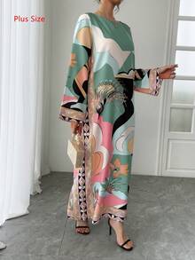 Plus Size Women's Arabic Style Maxi Dress, Luxury Round Neck Long Sleeve Loose Elegant Casual Lightweight Breathable Resort Style Long Dress, Robe, Formal Dress, Traditional Arabic Clothing, Holiday Dress, Evening Gown - Green - View 5