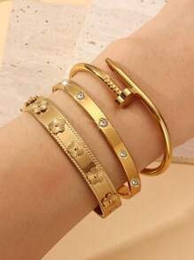 1/3pcs Fashionable 18K Gold Plated Stainless Steel Flower Nail Bangle Bracelet, Inlaid Cubic Zirconia, Waterproof, European & American Style Wrist Jewelry For Women, Casual, Wedding, Party, Valentine's Day Gift