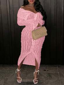 Women Elegant Off Shoulder Dress Long Sleeve Button Down High Split Bodycon Dress Prom Evening Party - Hồng - Xem 5