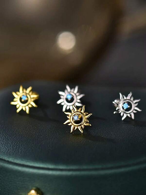 1 Pair Minimalist Blue Zirconia Sun Stud Earrings, Unisex, Nature Style, Gift For Girlfriend