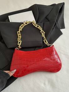 Gold Chain Decor Underarm Baguette Crossbody Bag - Red - View 3