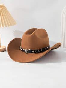 1pc Women's Leather Decorated Knitted Hat, Retro Wide Brim Western Cowboy Hat, Jazz Cap, Fashionable All-Match, Suitable For Spring, Summer, Autumn And Winter - Top Hat - View 8