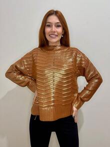 Women's Knitted Blouse Round Neck Ribbed Metallic Shine Winter Striped Wool-Like Fabric Knitted Contrasted Waistband Daily Night Holiday Travel - 駝色 - 查看 2