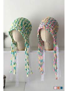 1pc Handmade Crocheted Tassel Tie Hollow Breathable Knitted Beanie Hat For Women, Colorful Floral Pattern, Large Size Fits All, Warm Ear Protection, Casual Versatile Knit Cap For Autumn/Winter